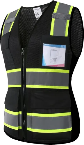 Chaleco de seguridad reflectante negro para mujeres con 8 bolsillos y cremallera de malla de alta visibilidad chaleco de trabajo de construcción