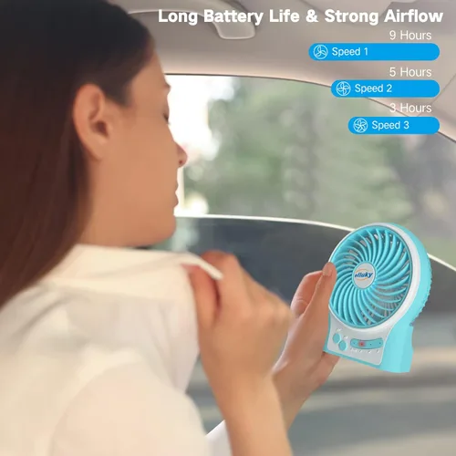 Miniatura 3 de efluky Ventilador de escritorio mini de 3 velocidades, recargable, funciona con batería y con luz LED Azul
