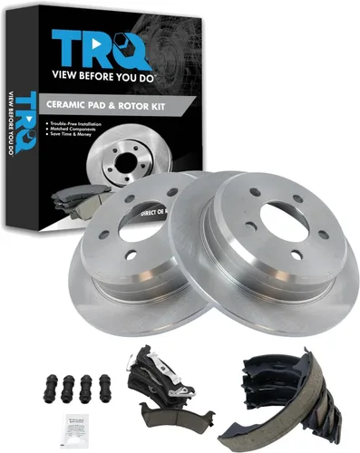 Miniatura 35 de TRQ Kit de pastillas de freno y rotor Posi trasero premium con zapatas de estacionamiento para camión GM SUV