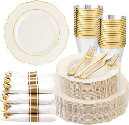 Miniatura 19 de Liacere 350 platos de plástico dorados, platos desechables blancos y dorados, vajilla de plástico barroco para 50 invitados, incluye 100 platos, 50