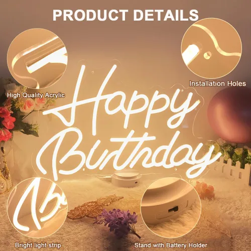 Miniatura 5 de Letrero de neón de feliz cumpleaños a pilas, letrero de feliz cumpleaños de 23 pulgadas con base, letrero con luz USB de feliz cumpleaños, letrero