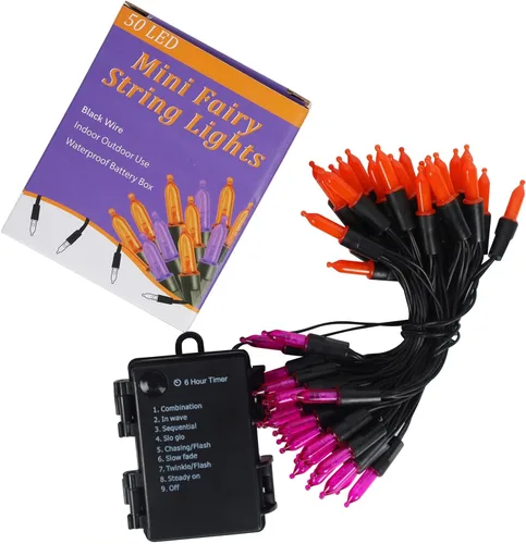 Miniatura 8 de WATERGLIDE - 50 luces LED de Halloween para uso al aire libre de 16 pies, tira de luces con 8 modos, tamaño mini, luces impermeables para árbol