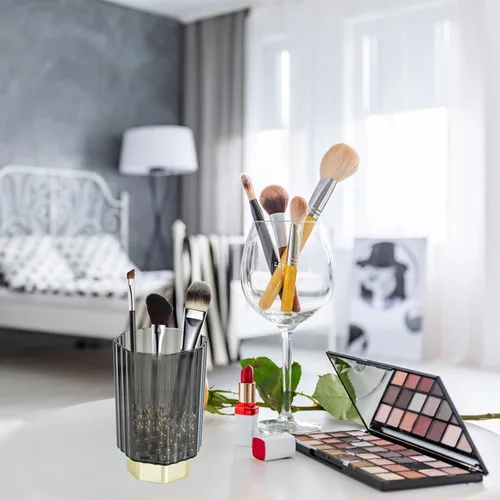 Miniatura 5 de HOMSFOU Vintage Scandinavian Gold-edged Glass Brush Holder, Gray Makeup Brush Organizer and Pencil Cup, Desk Pen Holder for Office Supplies and