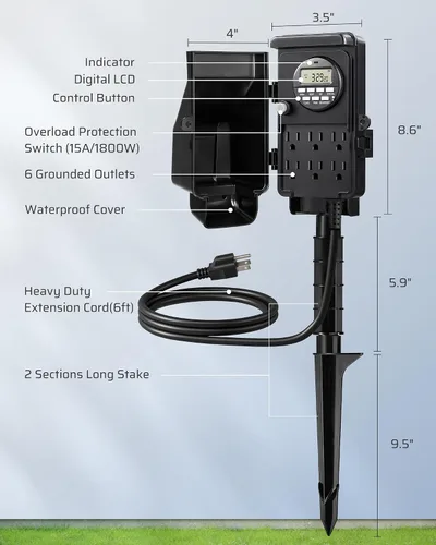 Miniatura 6 de DEWENWILS - Temporizador digital para exteriores, temporizador de tiempo multi-zócalo, impermeable, 6 salidas de jardín, cable de extensión de 6 ft