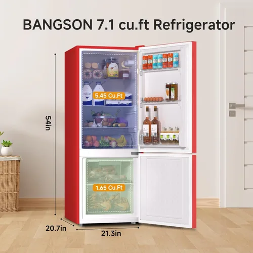 Miniatura 3 de BANGSON Refrigerador de 7.1 pies cúbicos con congelador, refrigerador de tamaño apartamento con congelador inferior, gran capacidad, ahorro de Rojo