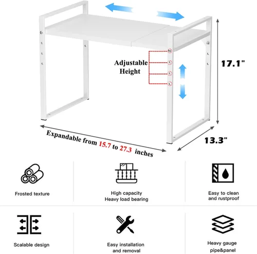 Miniatura 3 de Estante de horno de microondas expandible de 2 niveles, altura ajustable, resistente, tostadora de microondas, soporte de encimera, estante de Blanco
