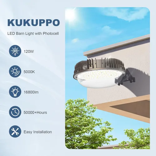 Miniatura 2 de KUKUPPO Luz LED de granero con certificación ETL, 120 W, luz de atardecer a amanecer, 5000 K, luz diurna, 14400 lm, IP65, impermeable, luces