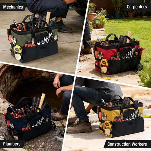 Miniatura 6 de HISEA Paquete de 3 bolsas de herramientas resistentes con bolsillos de almacenamiento, organizador de herramientas de 13 pulgadas con base ancha