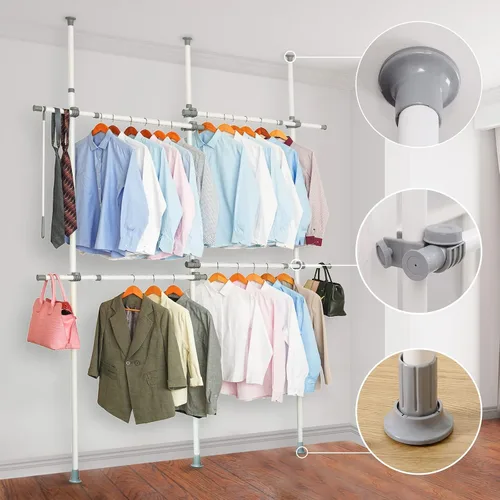 Miniatura 5 de Estante doble para ropa, estantes ajustables para colgar ropa, ropa de 2 niveles, ropa resistente, sistema independiente de armario blanco