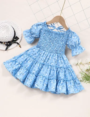 Miniatura 2 de Vestido de niña pequeña, cuello cuadrado, manga abombada, acampanado, vestidos florales de verano para niñas pequeñas, 2-6T