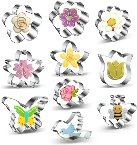 Summer Flowers - Juego de 10 cortadores de galletas de jardín, diseño de mariposa, pájaro, abeja, rosa, tulipán, girasol, margarita, ciruelo,