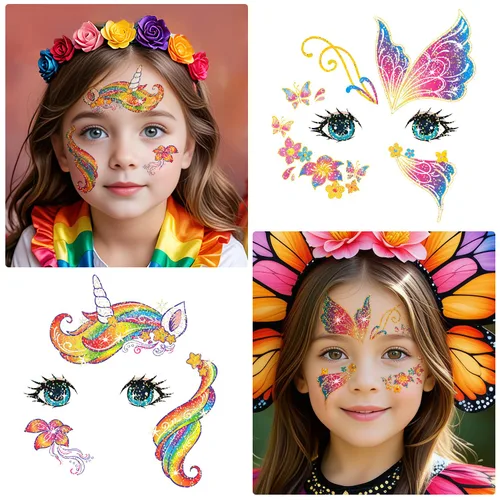 Miniatura 5 de Leesgel 24 hojas de tatuajes faciales con purpurina para niños, tatuajes de pintura facial para cumpleaños de niños y niñas, recuerdos de fiesta