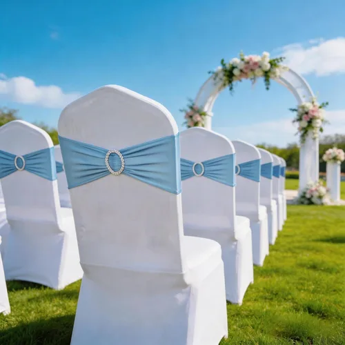 Miniatura 4 de Paquete de 50 bandas elásticas para sillas de bebé azul para boda, bandas elásticas de licra con hebilla deslizante, arcos de sillas de spandex