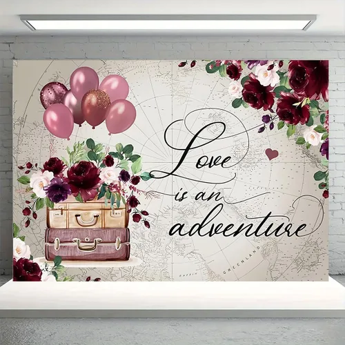 Miniatura 2 de Telón de fondo de despedida de soltera de viaje para fotografía, Love is Adventure Around The World, fondo de boda, maletas florales rojas vintage