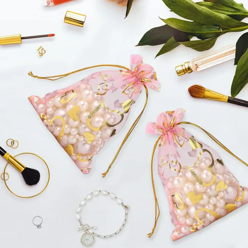 Miniatura 5 de G2PLUS - Bolsas de organza de corazón, 50 bolsas de regalo con cordón transparente de 4 x 6 pulgadas Pink Mesh Bags with Gold Foil Hearts for