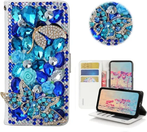 Miniatura 8 de Bling Wallet - Funda de cuero compatible con LG V40 ThinQ - Elegante funda de cuero con diseño de flores de mariposa 3D hecha a mano con cordón