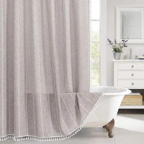 MitoVilla - Juego de cortina de ducha de tela de granja gris, cortinas de ducha de poliéster y lino modernas estilo bohemio para decoración de baño