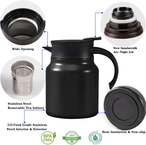 Jarra térmica de café de 34 onzas, olla de té de acero inoxidable 316, jarra de café al vacío de doble pared | retención de calor y frío | sin BPA