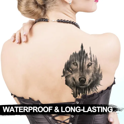 Miniatura 2 de Kotbs 6 hojas de tatuajes temporales de animales, negro fuerte lobo tigre, calcomanías de tatuaje para hombres, mujeres y adultos, tatuajes falsos