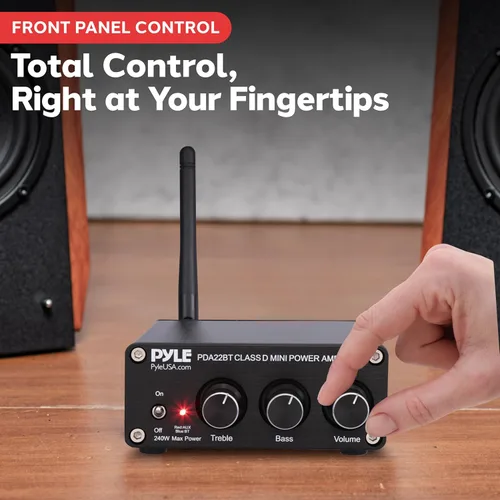 Miniatura 4 de Pyle - Mini amplificador estéreo Bluetooth para el hogar de 240 W, microreceptor compacto de 2 canales con diales de control de graves y agudos