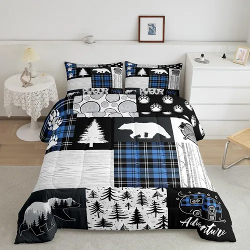 Miniatura 44 de Juego de edredón de cuernos de ciervo tamaño individual, juego de ropa de cama rústica de granja con huellas de oso y pinos para decoración
