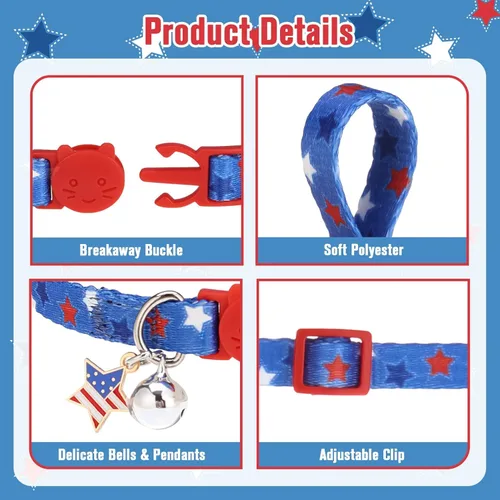 Miniatura 3 de PUPTECK Collares para gatos con campana para el Día de la Independencia con la bandera estadounidense, collar azul para mascotas, paquete de 3