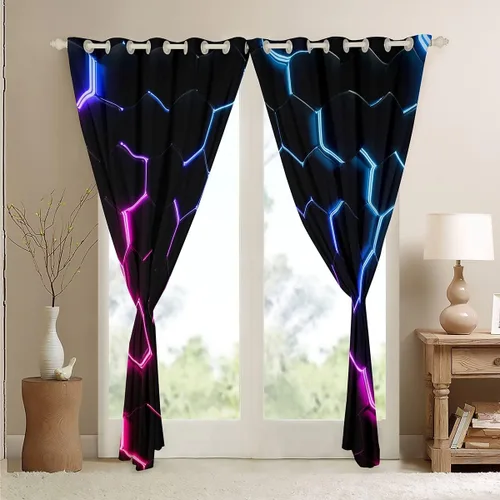 Miniatura 68 de Feelyou - Cortinas de ventana en forma de panal, tema geométrico hexagonal con luces de neón verdes, para chicos adolescentes y hombres, elegante