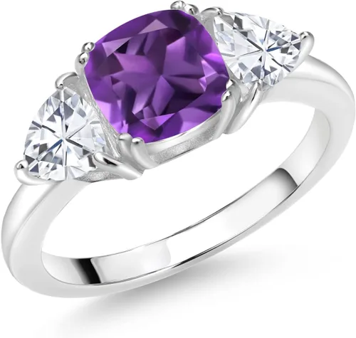 Miniatura 37 de 925 Sterling Silver Gemstone Birthstone and White Moissanite 3-Stone Engagement Ring for Women 7MM Cushion and 5MM Trillion Accents Three Stone