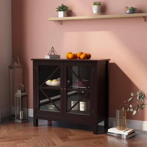 Miniatura 6 de Mesa de bufé de cocina elegante para el hogar, aparador, mesa de consola con 2 puertas de vidrio y estante de almacenamiento, armario de entrada