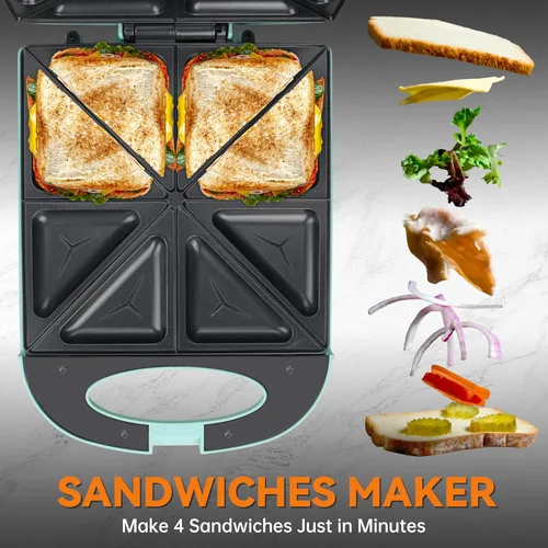 Miniatura 3 de Baker's Friend Sandwicherera de desayuno, 4 rebanadas de panini, sandwichera eléctrica con luz indicadora, sándwiches de queso y huevo, aguamarina