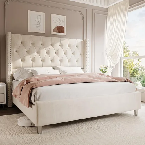Miniatura 11 de Jocisland Armazón de Cama Queen Tapizada con Cabecero Wingback de Terciopelo Acolchado con Botones en Patrón de Diamante/No Necesita Somier/Fácil