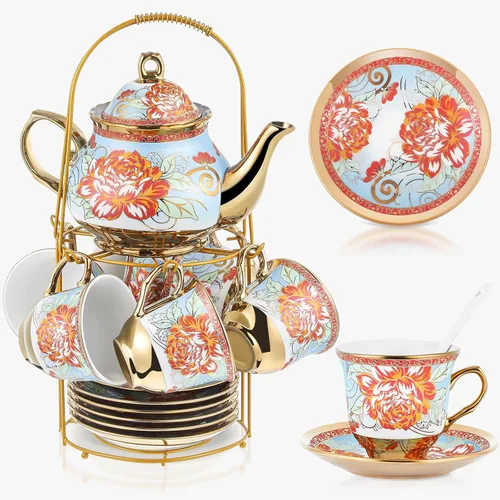 Miniatura 18 de Zhehao Juego de té de porcelana de 20 piezas con soporte de metal y cuchara para adultos, juego de té de cerámica para adultos, pintura de flores