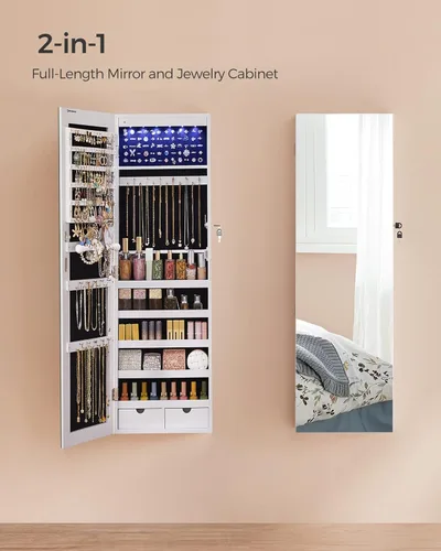 Miniatura 3 de SONGMICS Gabinete colgante de joyería, gabinete de pared con luces interiores LED, organizador de joyas montado en la puerta, espejo de cuerpo Blanco