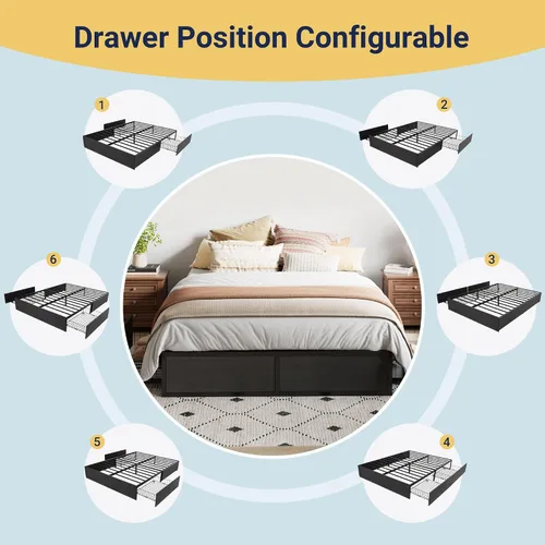 Miniatura 4 de Allewie Marco de cama de metal de tamaño matrimonial con 2 cajones de almacenamiento, marco de acero resistente con paneles de madera de fibropanel