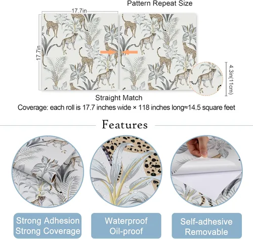 Miniatura 8 de VaryStyle Papel pintado de guepardo de la selva de 17.7 x 118 pulgadas, papel tapiz de leopardo de animales para despegar y pegar, papel de pared