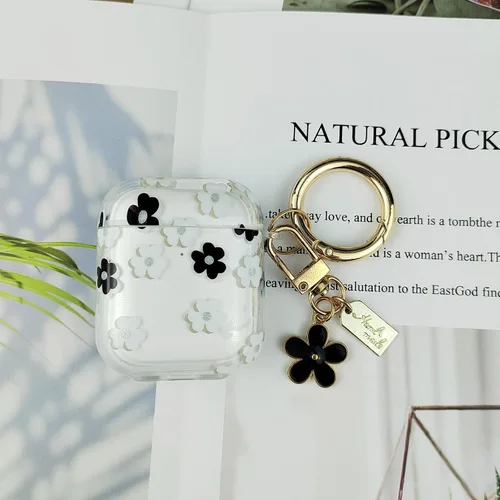 Miniatura 5 de Funda compatible con AirPods, funda de TPU suave con bonito patrón de flores para AirPods de 2 y 1 generación con llavero colgante y mosquetón
