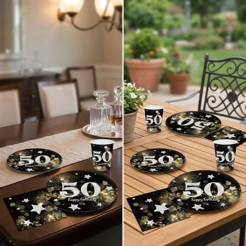 Miniatura 4 de Oojami Juego de suministros para fiesta de cumpleaños número 50, sirve para 30, incluye platos llanos de 9 pulgadas, platos de postre de 7 pulgadas