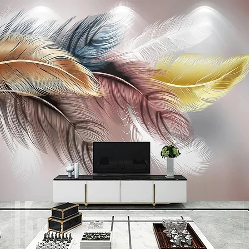 Miniatura 3 de Papel tapiz fotográfico creativo de plumas voladoras, papel tapiz abstracto de plumas blancas doradas y azules, decoración de pared para sala
