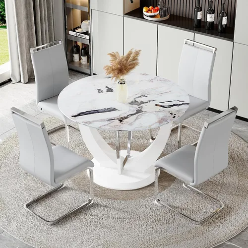Miniatura 13 de Juego de mesa de comedor redonda para 4, mesa moderna de 48" con tapa de mármol sintético falso y pedestal brillante negro, juego de mesa de cocina