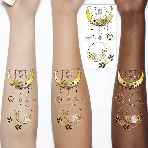 Miniatura 2 de Glaryyears Tatuaje temporal dorado metálico para mujeres adultas, paquete de 18 tatuajes realistas de tamaño pequeño de larga duración, paquete