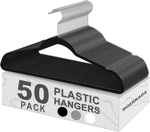Miniatura 8 de Paquete de 50 perchas de plástico ultradelgadas (45 cm) - Percheros delgados que ahorran espacio con ranuras antideslizantes para guardar la ropa