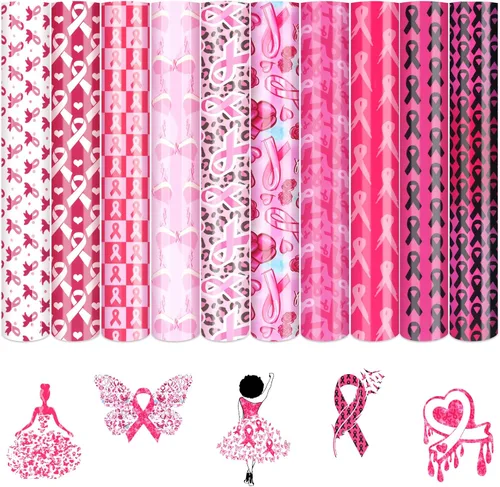 Tintnut Cinta Rosa HTV Vinilo de Transferencia de Calor - 10 Hojas 12 x 10 Pulgadas Vinilo Termotransferible para Concienciación del Cáncer de Mama
