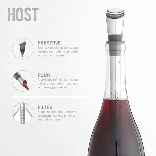 Miniatura 2 de Host Filtro de vino con tapón, purificador de vino de acero inoxidable para eliminar histaminas, sulfitos y suavizar taninos, incluye tapón