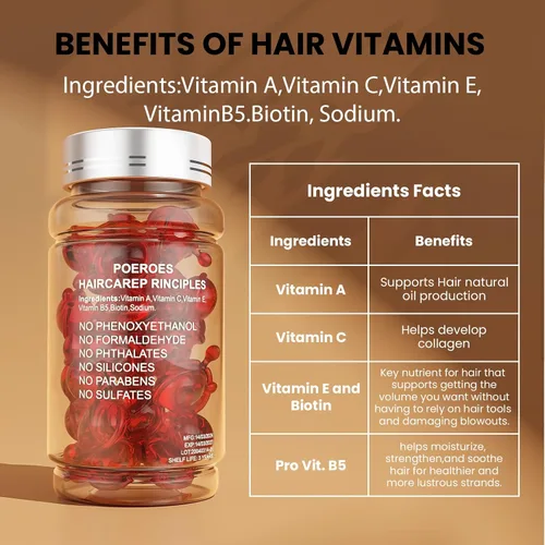 Miniatura 4 de POEROES Aceite para el cabello, 50 cápsulas – Vitaminas para el cabello A C E Pro B5 – Suero de tratamiento capilar – Suero para cabello encrespado