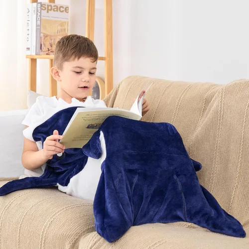 Miniatura 7 de Softan Manta de tiburón para niños, franela suave, juguetes para niños, manta de forro polar con cola de tiburón, azul oscuro, cálida y suave