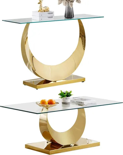 Miniatura 23 de SSLine Mesa auxiliar de cristal de lujo para sala de estar, mesa auxiliar moderna dorada con base de pedestal de acero inoxidable en forma de flor