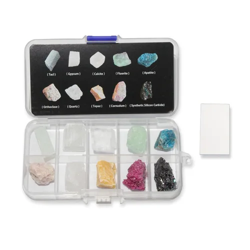 Kit de prueba de dureza de Moh's, incluye 10 especímenes minerales de roca y 1 placa de rayas de porcelana sin esmaltar para explorar la