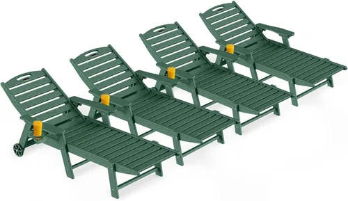 Miniatura 17 de Ciokea Silla de Descanso para Exteriores, Tumbona de Gran Tamaño con 5 Posiciones, HDPE, Silla de Descanso de Patio con Ruedas y Portavasos para Gris