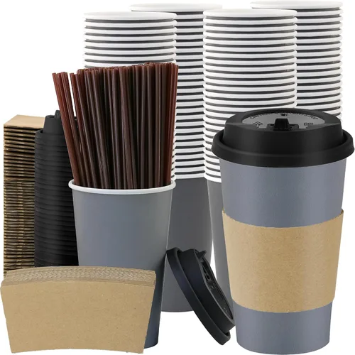 Miniatura 27 de Paquete de 100 tazas de café desechables de pared ondulada corrugada de 16 onzas con tapas y pajitas, tazas aisladas resistentes para bebidas