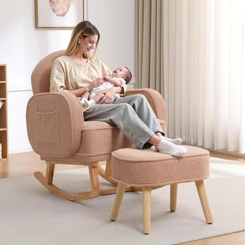 Miniatura 10 de HCHAIRH Mecedora para guardería con otomana, mecedora tapizada con respaldo alto y bolsillo lateral, sillón con patas de madera maciza para Gris